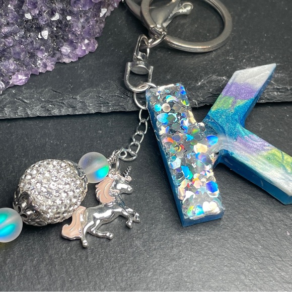 Custom Made Colorful Unicorn Keychain with Glitter Letter K - Picture 4 of 11